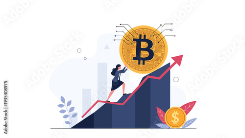 Businesswoman pushes large bitcoin coin up rising financial growth graph representing cryptocurrency market investment and profit.