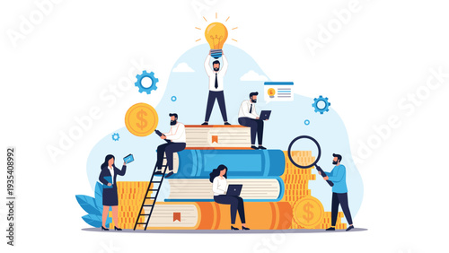 Team of diverse professionals collaborates on stack of books with money and lightbulb symbolizing knowledge-based financial growth.