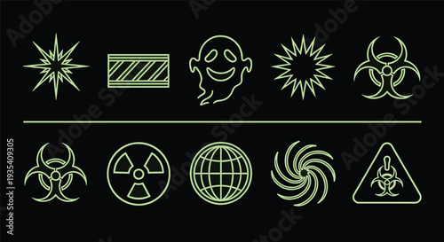 Set of neon green line icons on black background including biohazard, radioactive, ghost, globe, and starburst warning symbol vectors.