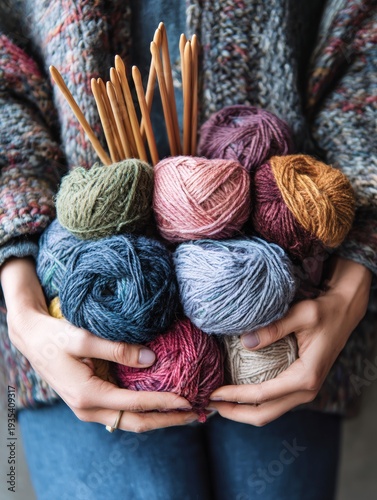 Hands cradle colorful yarn skeins and wooden needles. Soft hues fill the composition. Textures suggest cozy, creative crafting. Yarns vary in shade and thickness. Wooden needles stand upright