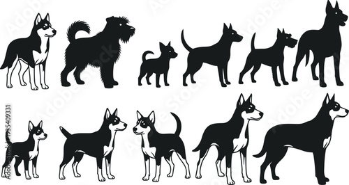 Set, of, dog, silhouettes, vector, icons, different, breeds, puppy, pets, isolated, on, white, background, animal, canine, domestic, minimalist, collection, illustration.