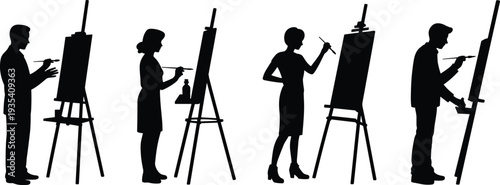 Silhouettes of artists painting on easels with brushes and paint bottles vector illustration