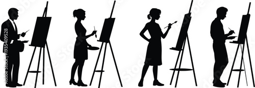 Silhouettes of artists painting on easels with palettes and brushes vector illustration