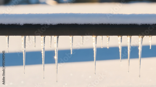 Icicles hanging from a snowy roof on a cold winter day