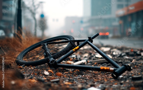 Abandoned Bicycle Frame Amid Urban Debris Landscape