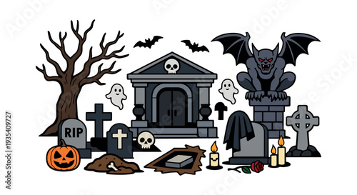 Graveyard scene featuring Halloween elements like bats, ghosts, pumpkins, skulls, a mausoleum, gravestones, and a gargoyle