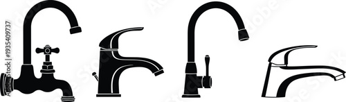 Set, of, water, faucet, silhouettes, kitchen, bathroom, plumbing, fixtures, tap, icons, isolated, on, white, background, vector, hardware, renovation, home, illustration.
