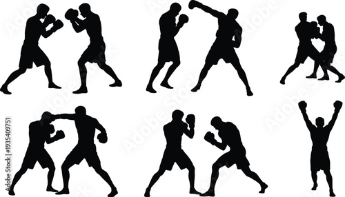 Silhouettes of boxers in action and celebrating victory on a white background boxing fighting