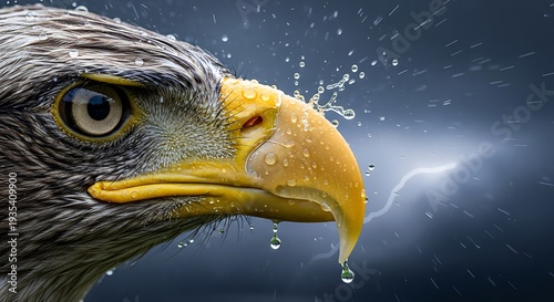Eagle Close-Up in Rain with Lightning