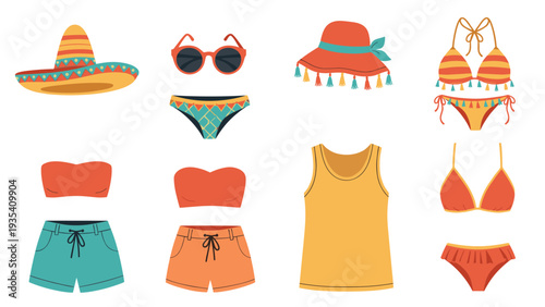 Fashionable summer beachwear collection with swimsuits, bikinis, sun hats, and sunglasses in vibrant warm colors.