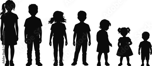 Silhouettes of children of varying heights and ages on a white background kids boys
