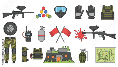 Large set of paintball game icons and tactical elements including weapons, safety gear, and battlefield terrain.