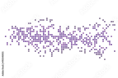 A dynamic arrangement of purple and violet square pixels forms a scattered data visualization