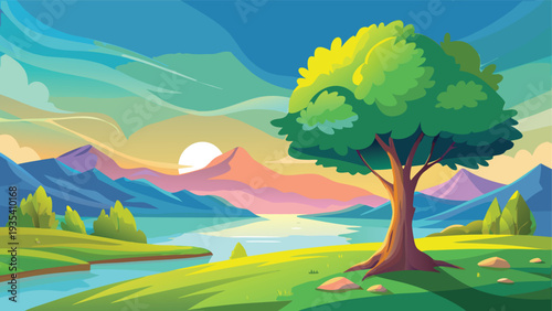 Serene landscape featuring a solitary tree under a vibrant sky with scattered clouds.