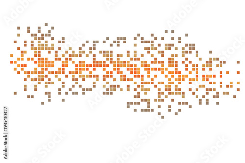 A dynamic array of small orange and brown squares creates a lively pixelated pattern on a clean white surface