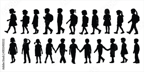 Silhouettes of many children walking and holding hands on white background kids group