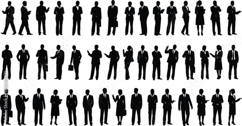 Silhouette collection of business people in formal suits standing in rows isolated on white background for corporate team building concepts