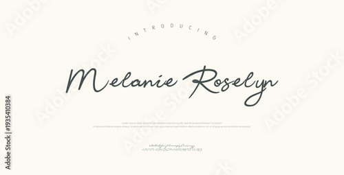 Melanie Roselyn, Script alphabet letters font logo. Typography luxury classic lettering serif italic fonts decorative wedding vintage retro logos. vector illustration

