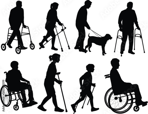 Silhouettes of People with Disabilities and Assistance Devices disability mobility