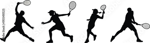 Silhouettes of Tennis Players in Action with Rackets on White Background sport