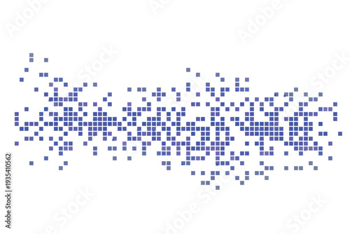 A scattered formation of vibrant blue and purple square pixels on a crisp white backdrop