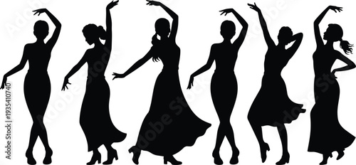 Silhouettes of women in elegant dresses dancing on white background dancers