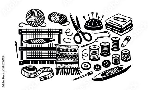 Collection of tailoring, sewing, knitting, and weaving elements, illustrating handmade craft and DIY projects