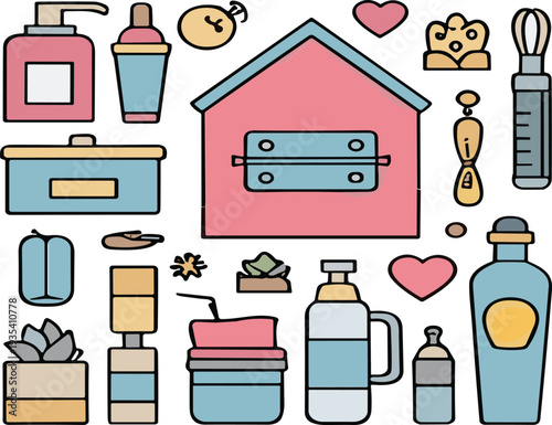 Baby Nursery and Care Accessories Collection Infant Products Bottles Cream Pacifier Cute Parenting Vector Illustration Set