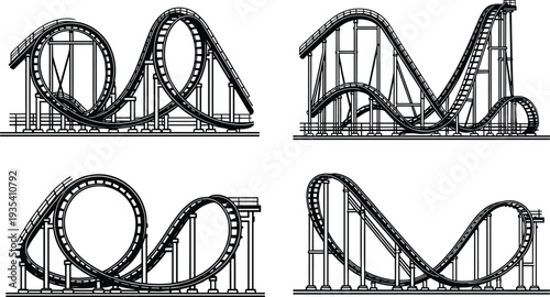 Silhouette collection of roller coaster tracks with loops and drops isolated on white background for amusement park theme and entertainment