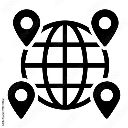 A stylized globe grid with four map pin icons placed at corners of the graphic