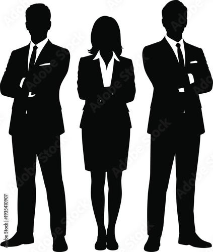 Three business professionals in silhouette with arms crossed on white background group