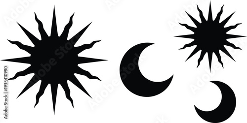 Silhouette collection of sun and crescent moon icons isolated on white background for celestial astrology mystical decoration and solar symbols