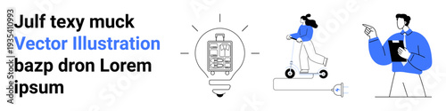 Innovation, green transportation, business communication, creativity, workplace interaction, energy solutions. Light bulb, woman on an electric scooter man pointing at data. Innovation and green