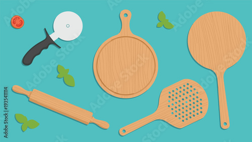 Assortment of pizza preparation tools including a cutting wheel wooden boards a rolling pin and a perforated peel on a bright teal surface.