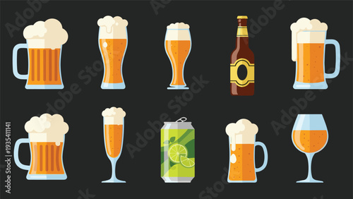 Large collection of different beer glasses filled with golden ale featuring frothy heads a brown bottle a green can and various mug styles.