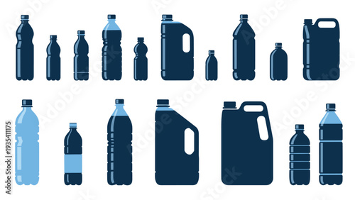 Large set of silhouette illustrations for various plastic bottles and containers like water bottles milk jugs and industrial chemical cans.
