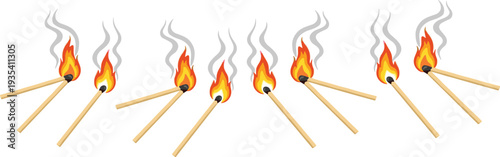 Burning Matchsticks Collection with Fire Flames and Smoke Isolated on Background Safety and Ignition Concept Vector Illustration