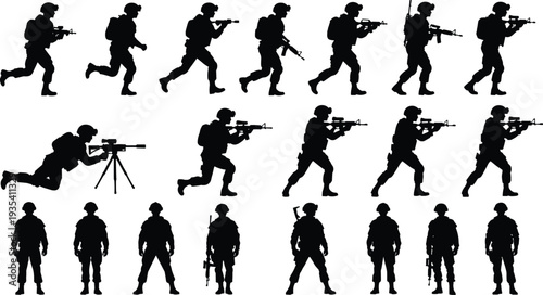 Soldier silhouette set, military army infantry icons, tactical combat poses, special forces vector, sniper, war battle character, armed soldier silhouettes.