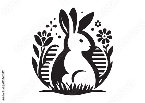easter bunny eggs and flowers logo silhouette, easter eggs silhouette vector illustration,  decorative pattern logo silhouette, easter bunny eggs and floral logo silhouette design on white background