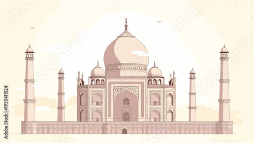Detailed architectural illustration of the Taj Mahal in Agra India featuring its iconic dome minarets and symmetrical design in soft tones.