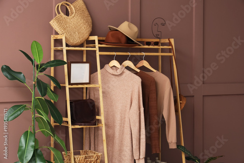 Wooden rack with stylish cl...