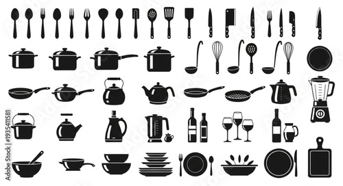 Collection of Kitchen Utensils and Cookware Silhouettes.