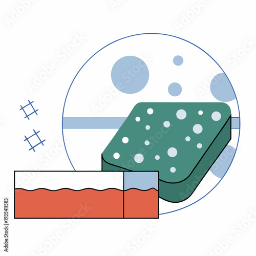 Cleaning sponge with bubbles and soap on white background  