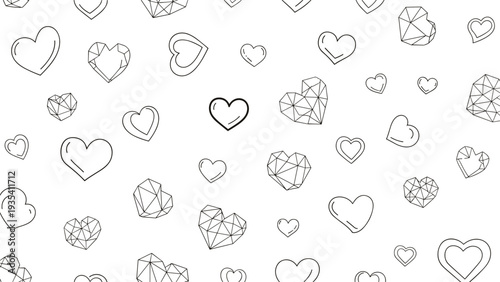 Pattern of simple line art hearts and geometric faceted heart shapes scattered across a white background for romantic or wedding designs.