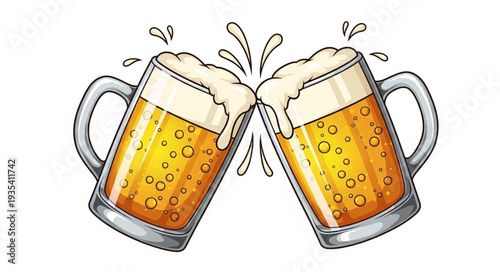 Two Mugs of Beer Clinking Together With Foam Splashing.