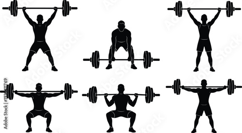 Weightlifting silhouette set, powerlifting athlete icons, barbell exercise vector, bodybuilding gym workout, strength training collection, male fitness poses, heavy lifting equipment.