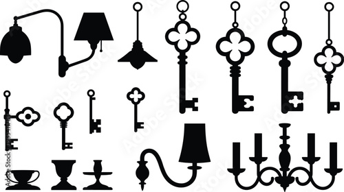 Vintage decorative keys and antique lamps silhouettes collection with chandeliers wall lights and classic interior decor vector set