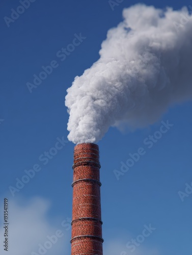 Smoke rises from tall brick chimney against clear blue sky. Industrial emissions drift upward in thick white plume. Chimney stands strong, releasing atmospheric pollutants