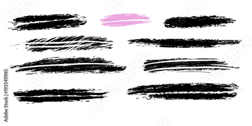 Set of black and pink hand drawn rough brush stroke underlines and highlights with textured grunge effect on white background for graphic design accents and emphasis elements