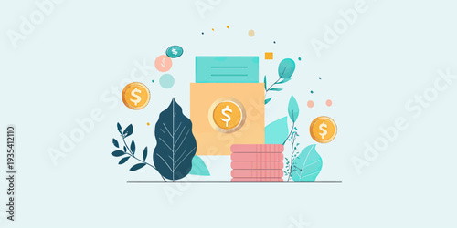 Flat vector illustration of online banking envelope with dollar coins, stacks of coins, and tropical leaves for financial savings investment concept